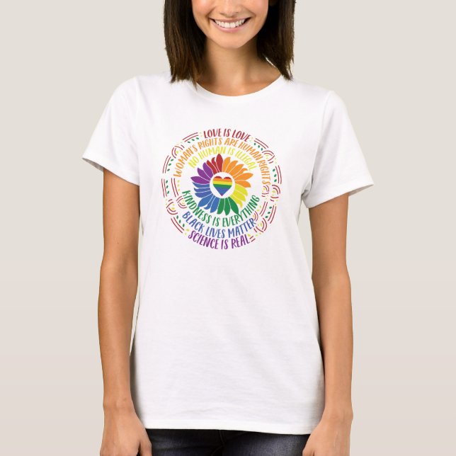 Camiseta Justiça Social Colorida Flor Arte Palavra (Frente)