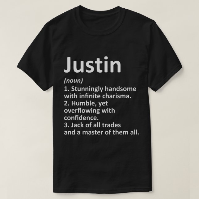 Camiseta JUSTIN Definição Nome Personalizado Funny Aniversá (Frente do Design)
