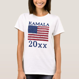 Camiseta KAMALA 2024 bandeira dos EUA texto azul vintage de