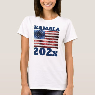 Camiseta KAMALA 2024 bandeira EUA azul texto com brilho fal