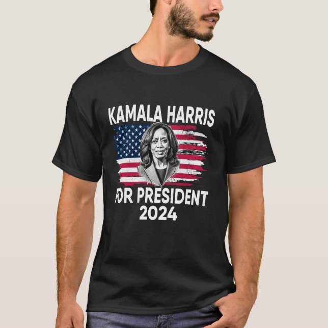 Camiseta Kamala Harris Para O Presidente 2024 American Flag (Frente)