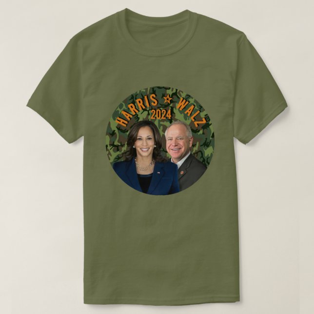Camiseta Kamala Harris Tim Walz Presidente Vice Fotos Camo (Frente do Design)