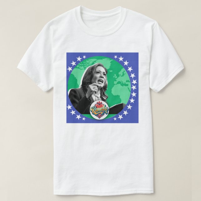 Camiseta "Kamala: Uma Voz Global da Liderança" (Frente do Design)