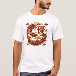 Camiseta **Kanji Japonês Yu Excelência Onda Dourada Vermelh