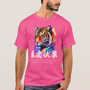 Camiseta Kanji Legal Japonês Dizendo, Tigre Arte Colorida