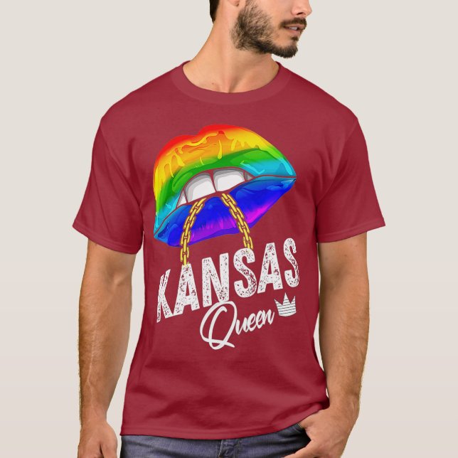 Camiseta Kansas Queen LGBTQ Orgulho gay Rainbow Flag EUA (Frente)