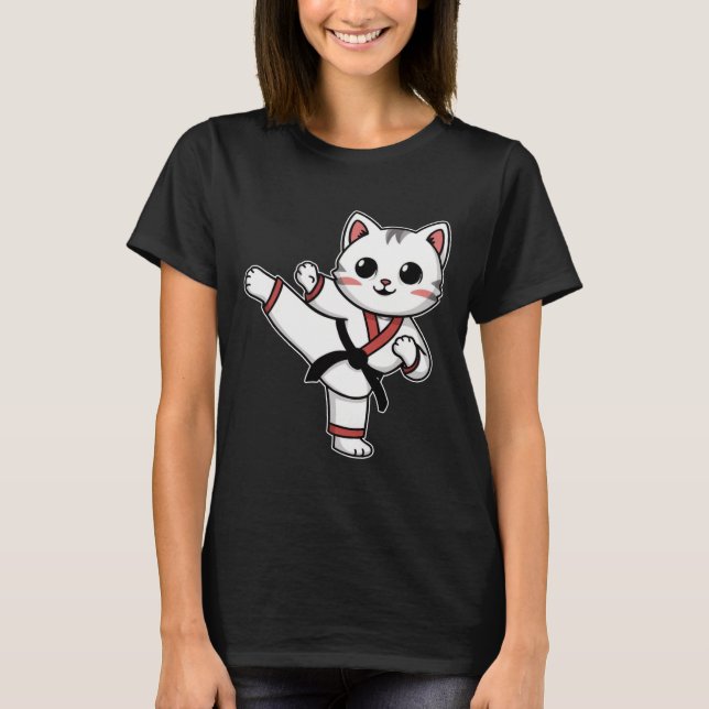 Camiseta Karate Taekwondo Funny Cat Jiu Jitsu Mulheres Meni (Frente)