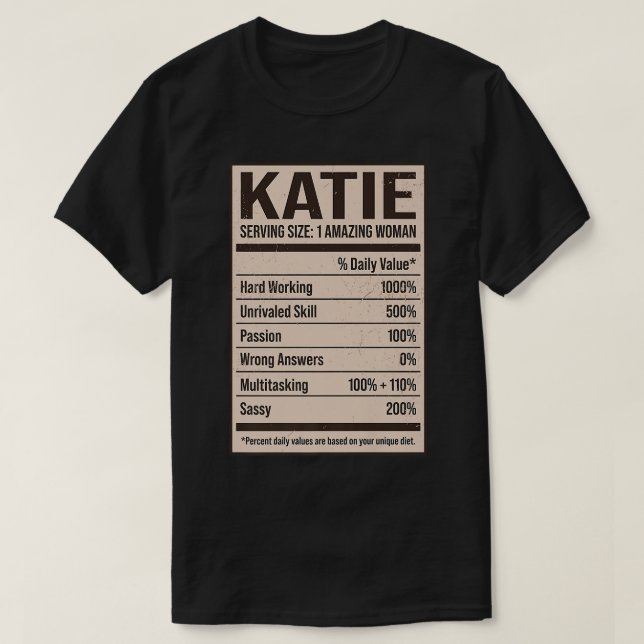 Camiseta Katie Nutrition Facts Name Nickname Alias Title Fr (Frente do Design)