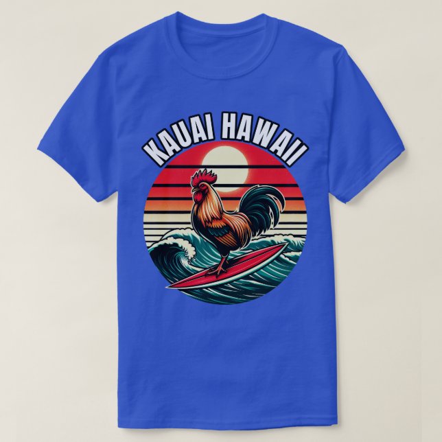 Camiseta Kauai Hawaii Chicken Rooster Surfing Retro Sunset (Frente do Design)