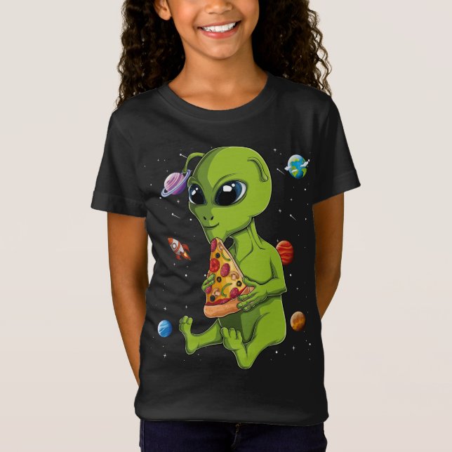 Camiseta Kawaii Alienígena Comendo Pizza Lover UFO Extrater (Frente)