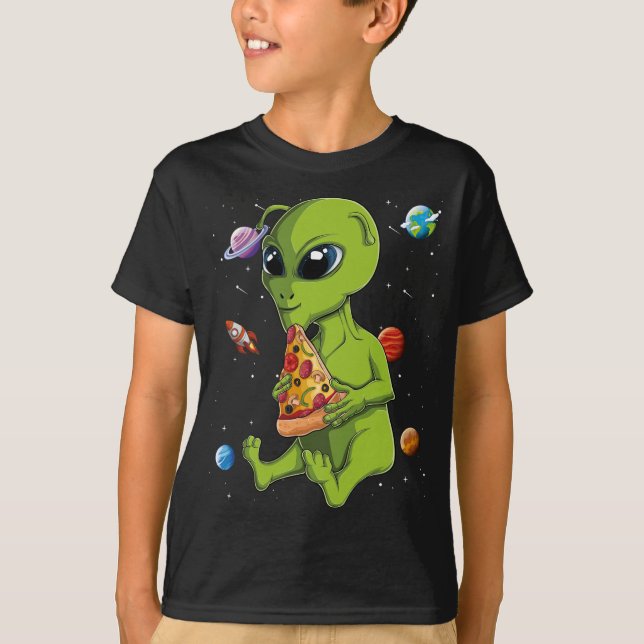 Camiseta Kawaii Alienígena Comendo Pizza Lover UFO Extrater (Frente)