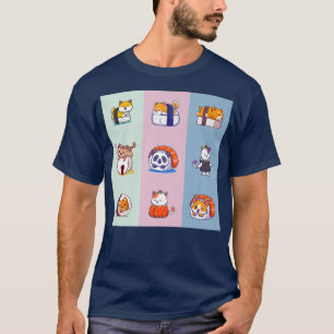 Camiseta Kawaii Animal Sushi Rolls, Gatos Cutes Shibas Pand