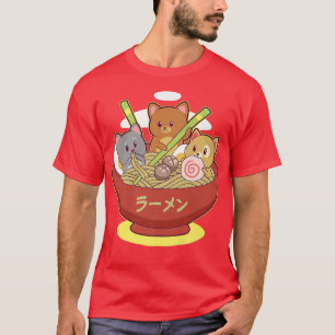 Camiseta Kawaii Anime Cat Comendo Ramen Japonês Noodle Asia