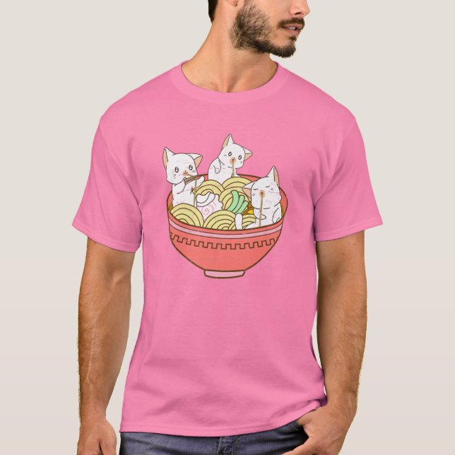 Camiseta Kawaii Anime Cat Ramen Japonês Noodles - Kitten V (Frente)