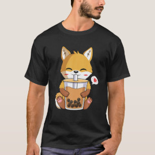 Camiseta Kawaii Anime Fox Bebendo Boba Bubble Tea Lover