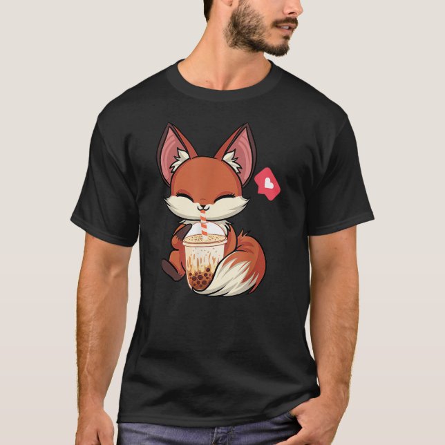 Camiseta Kawaii Anime Fox Drinking Boba Bubble Tea Japanese (Frente)