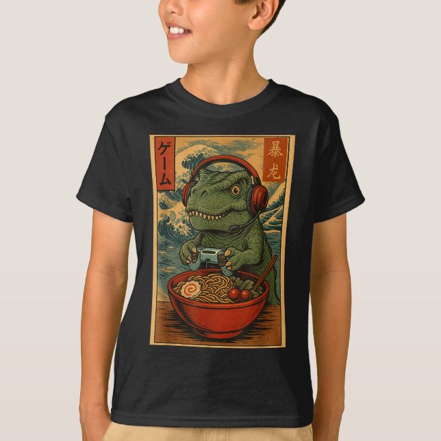 Camiseta Kawaii Anime Gamer T-rex Ramen Retro Japanese Gami (Frente)