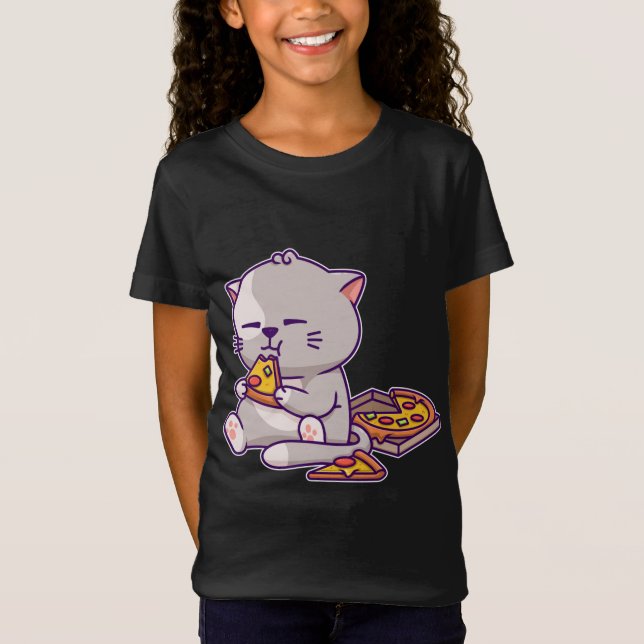 Camiseta Kawaii Anime Gato Comendo Pizza Gatinho Gato Gatin (Frente)
