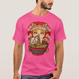 Camiseta Kawaii Anime Gato Comendo Ramen Japonês Brincadeir