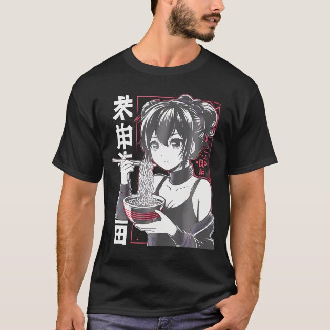 Camiseta Kawaii Anime Girl Comendo Ramen Noodles Japonês E (Frente)