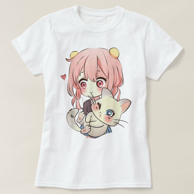 Camiseta Kawaii Anime Girl With Cute Cat (Frente do Design)