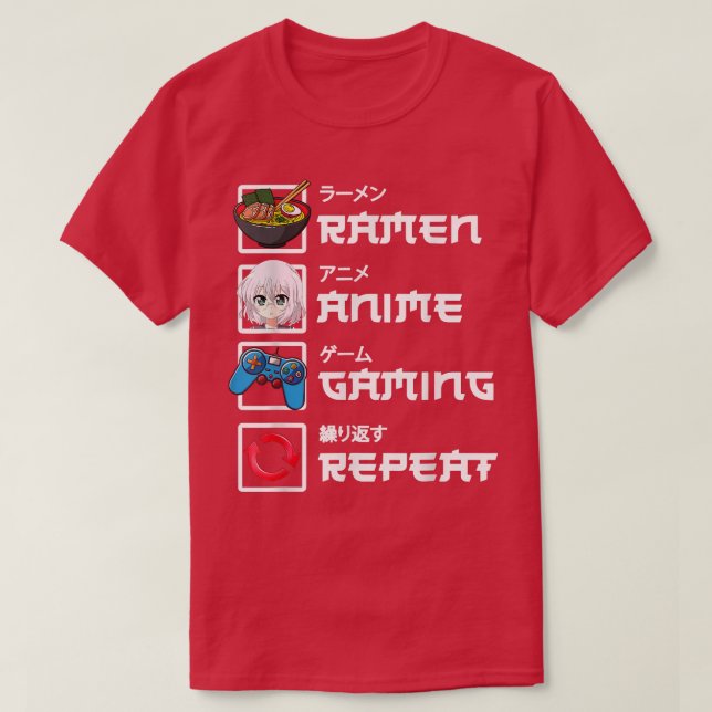 Camiseta Kawaii Anime Japonês Ramen Engraçado Jogador Jogo  (Frente do Design)