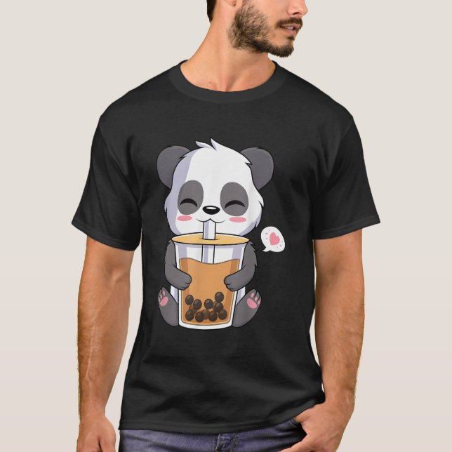 Camiseta Kawaii Anime Panda Bebendo Boba Bubble Tea (Frente)
