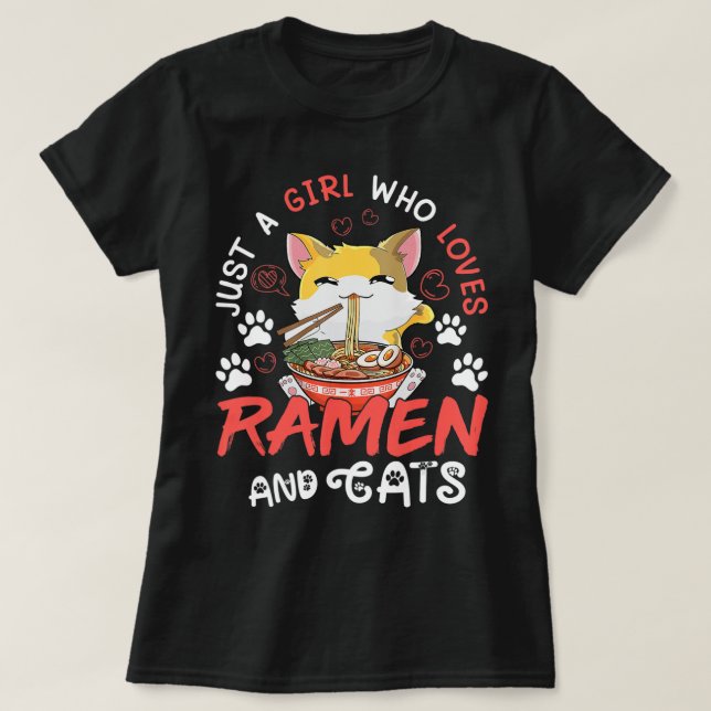Camiseta Kawaii Anime Ramen Cat Comida Japonesa Girls Offic (Frente do Design)