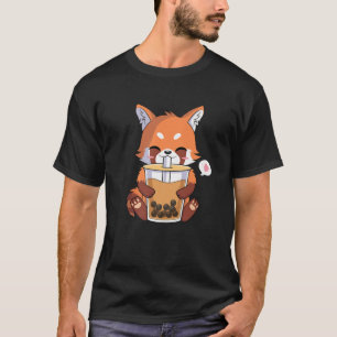 Camiseta Kawaii Anime Red Panda Bebendo Boba Bubble Tea