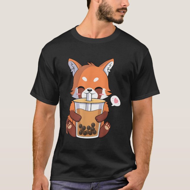 Camiseta Kawaii Anime Red Panda Bebendo Boba Bubble Tea (Frente)