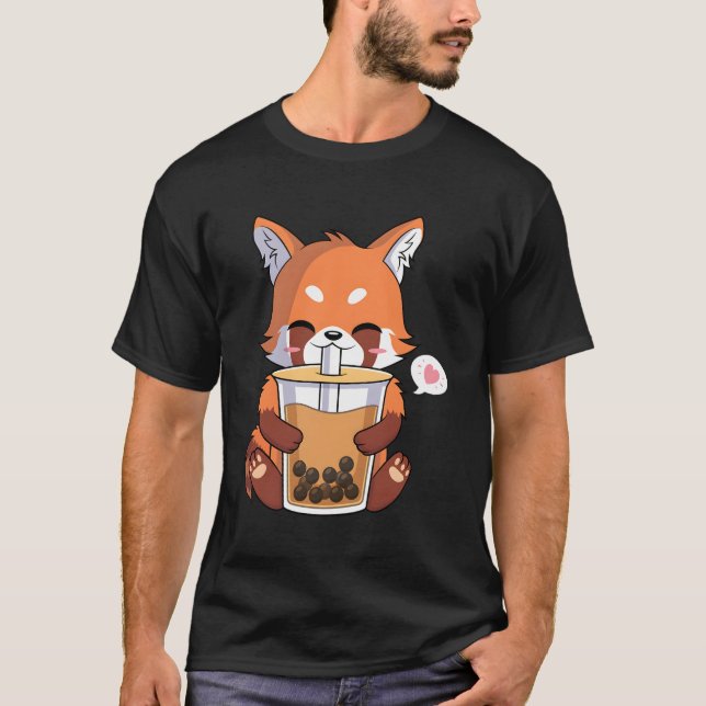 Camiseta Kawaii Anime Red Panda Bebendo Boba Bubble Tea (Frente)