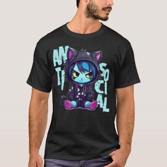 Camiseta Kawaii Antisocial Emo Cat Pastel Goth Menhera Anim (Frente)