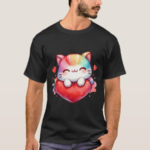 Camiseta Kawaii Arco-íris Gatinho Fofo Abraçando Coração Ki