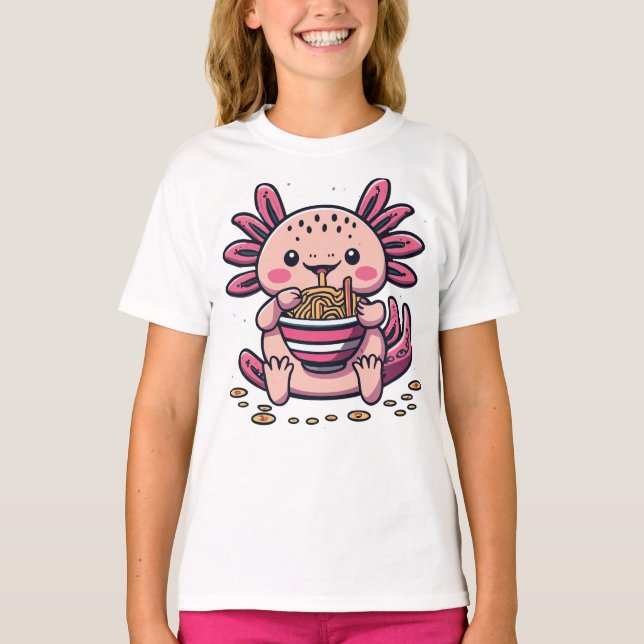 CAMISETA KAWAII AXOLÓTL COMENDO RAMEN ANIME (Frente)