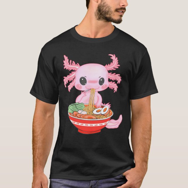 Camiseta Kawaii Axolotl Comendo Ramen Nodles Anime em Menin (Frente)