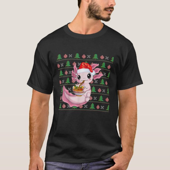 Camiseta Kawaii Axolotl Comendo Ramen Santa Hat Ugly Christ (Frente)