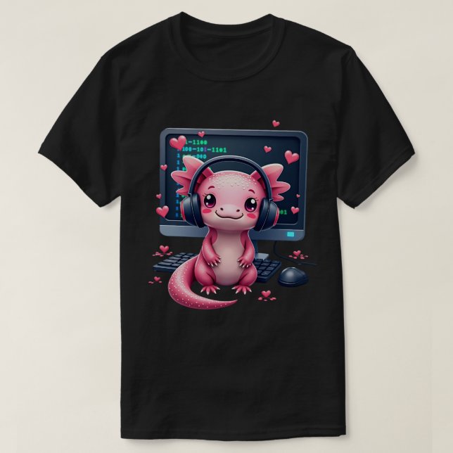 Camiseta Kawaii Axolotl Gamer Programando (Frente do Design)