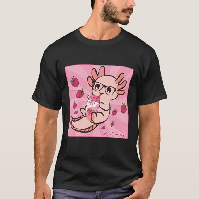 Camiseta Kawaii Axolotl Japonês Anime Strawberry milk Shak (Frente)