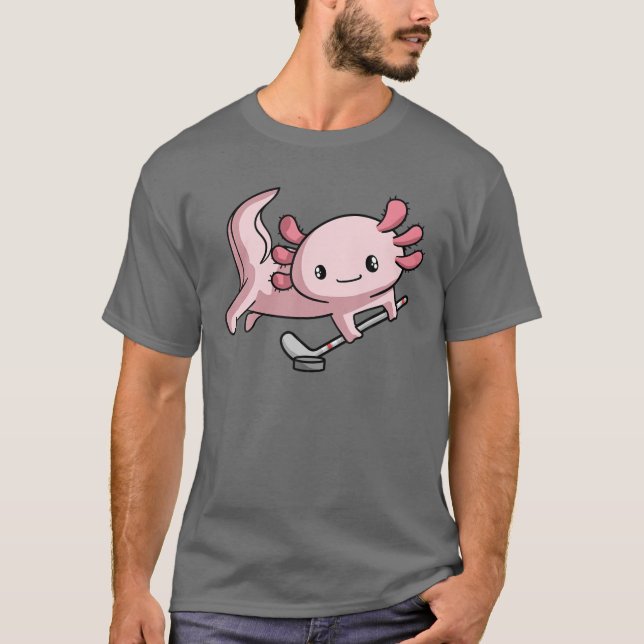 Camiseta Kawaii Axolotl Jogador de Hóquei Engraçado (Frente)
