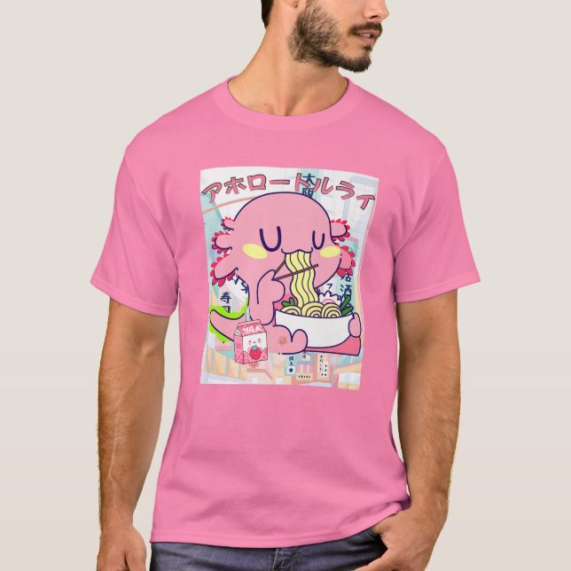 Camiseta Kawaii Axolotl Life Ramen Strawberry Milk Shake Ja (Frente)