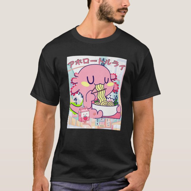 Camiseta Kawaii Axolotl Life Ramen Strawberry Milk Shake Ja (Frente)