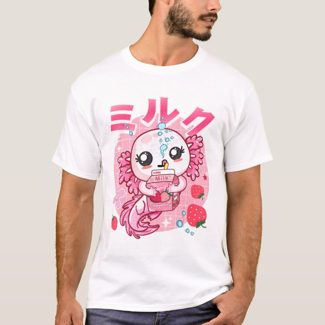 Camiseta Kawaii Axolotl Strawberry Milk Shake Carton Japane (Frente)