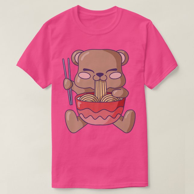 Camiseta Kawaii Bear Comendo Ramen Noodle Pão Japonês (Frente do Design)