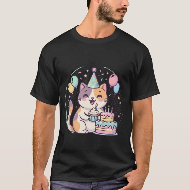 Camiseta Kawaii Birthday Cat with Cake & Balloons ✨🐾🎂 (Frente)