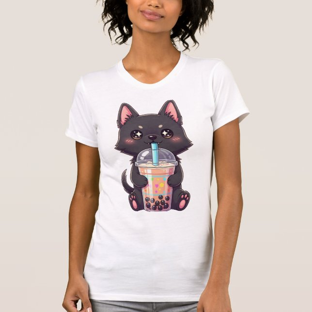 Camiseta Kawaii Black Cat Sipping Boba Tea - Cute Anime (Frente)