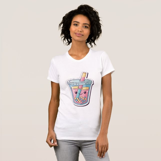 Camiseta Kawaii Blue Boba Tea T-Shirt | Cute Smiling Bubble (Frente Completa)