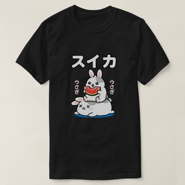 Camiseta Kawaii Bunny Eating Watermelon Japanese Rabbit Art (Frente do Design)
