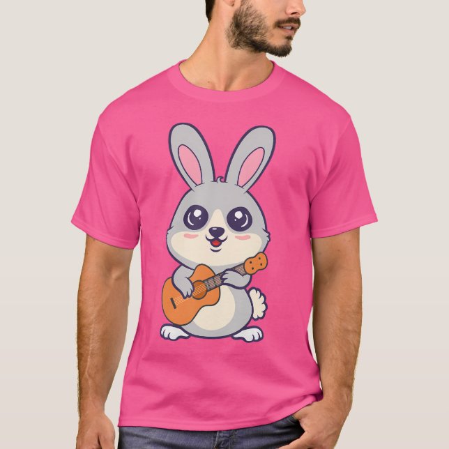 Camiseta Kawaii Bunny Rabbits Jogando Violão Acústico Carto (Frente)