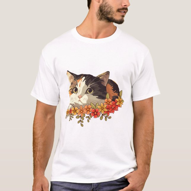 Camiseta Kawaii Calico Cat Floral Peeking Art (Frente)