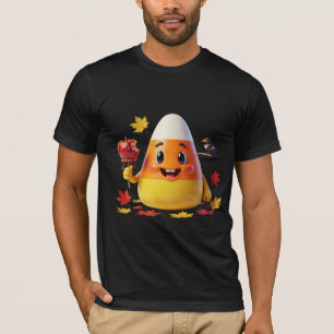 Camiseta Kawaii Candy Corn com Caramel Apple e Folhas de Ou